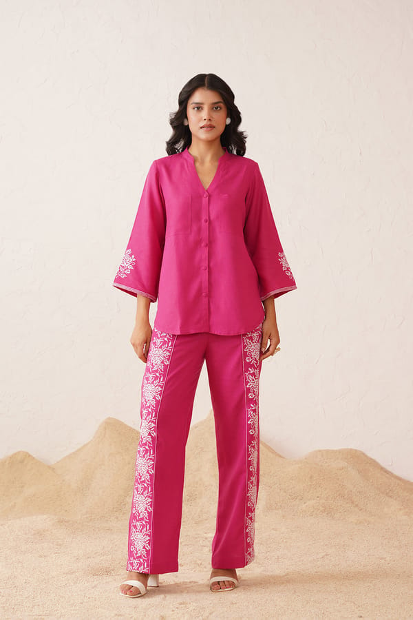 Hot Pink Cross Stitch Embroidered Co-ord Set — INCHING INDIA
