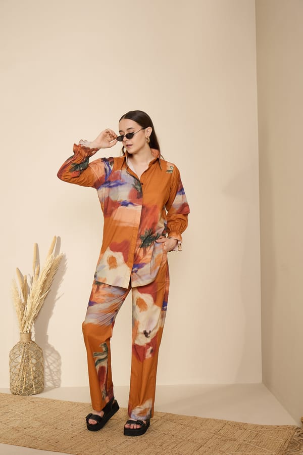 Rust Abstract Printed Shirt and Pants Co-ord Set — GAIMA LABEL