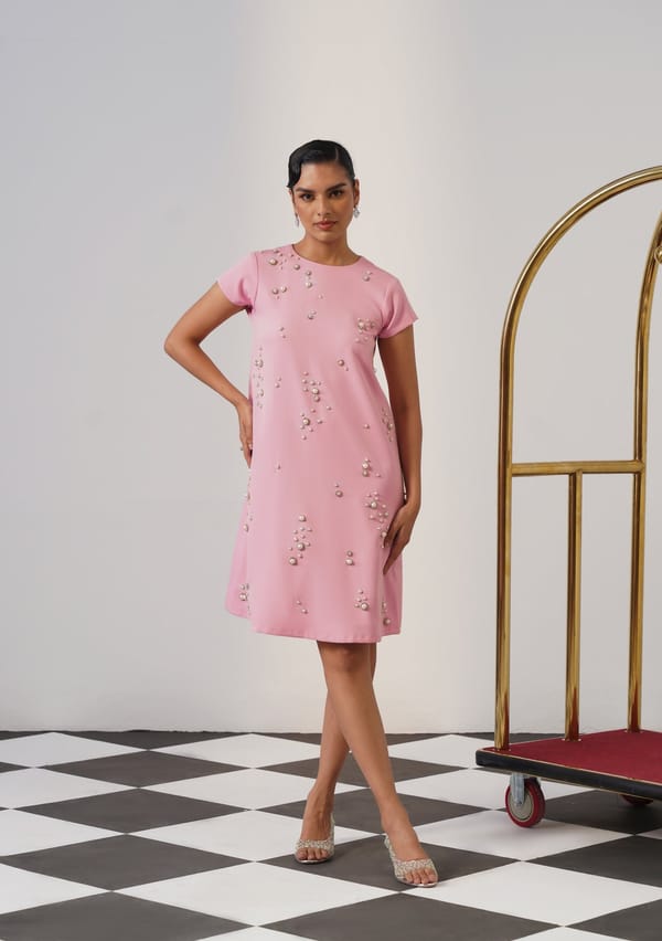 Baby Pink Embellished Knee-Length Shift Dress — AMOSHI