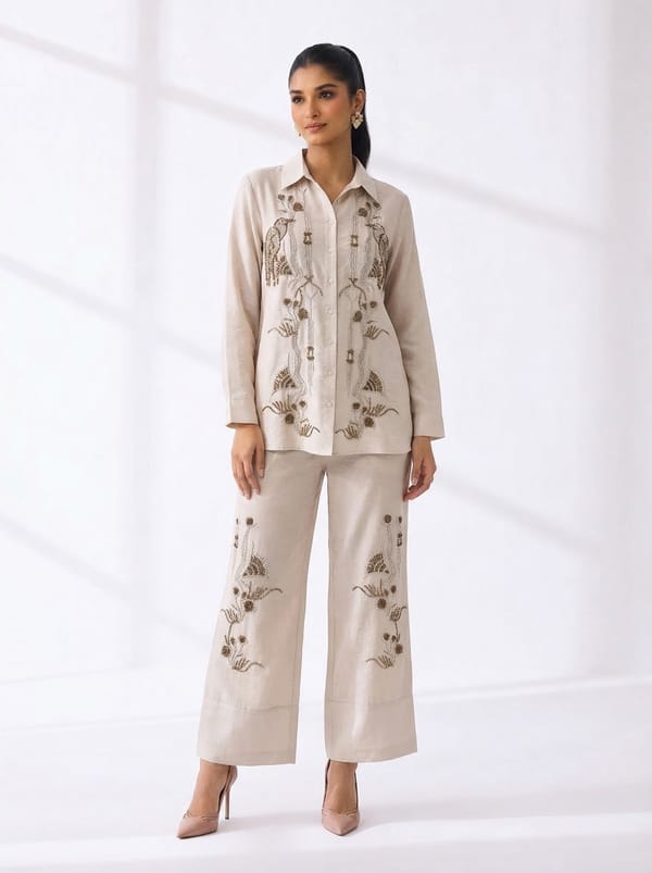 Cream Embroidered Shirt and Wide-Leg Pants Co-ord Set — THE LUXURY DRESSING