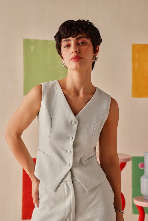 Pale Blue Linen Lyocell Tailored Waistcoat Top — Sage by Mala