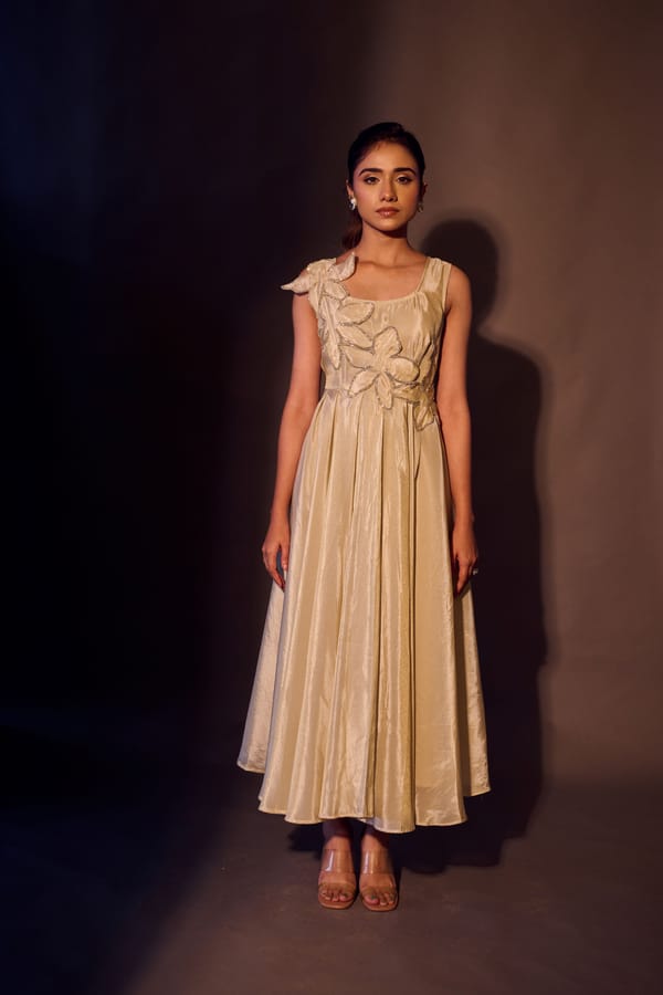 Weaving Cult Gold Tissue Flared Embellished Dress — Weaving Cult