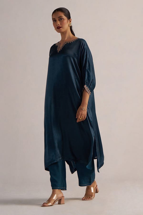 Deep Teal Silk Kaftan Co-ord Set with Zari Border — Ganga Fashions Pvt Ltd