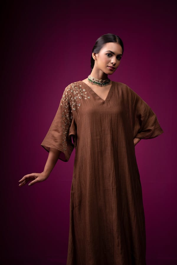 Brown Silk Chanderi Kaftan Kurta Set with Sleeve Embroidery — Trendy Tokari