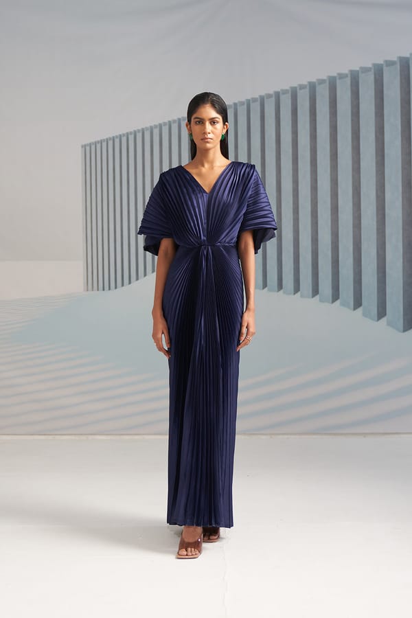 Blue Pleated Maxi Gown with Cape Sleeves — Pleats by Aruni