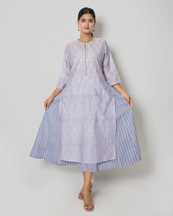 Lavender Blue Printed Chanderi Double Layer Dress — Kameez