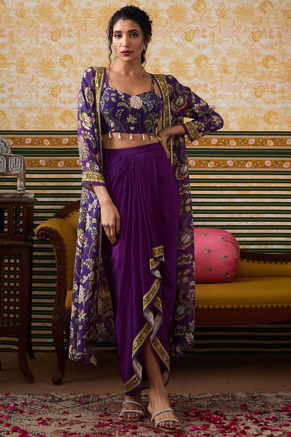 Mehr Printed Drape Skirt Set With Jacket — SOUP by Sougat Paul