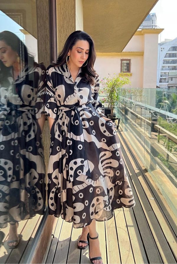 Black/Beige Abstract Printed Belted Midi Dress — JODI