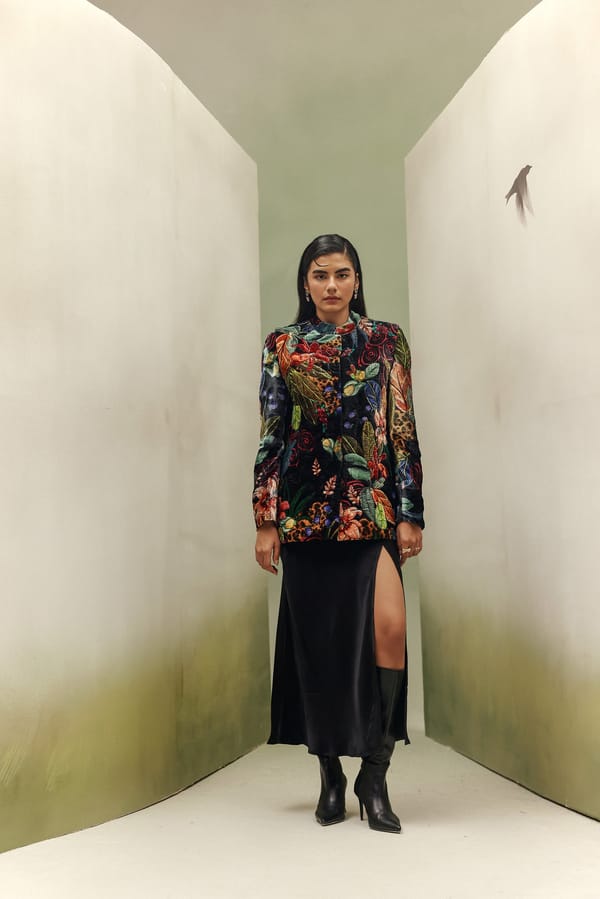Blue Floral Quilted Velvet Jacket with Mandarin Collar — SHOP NOIB