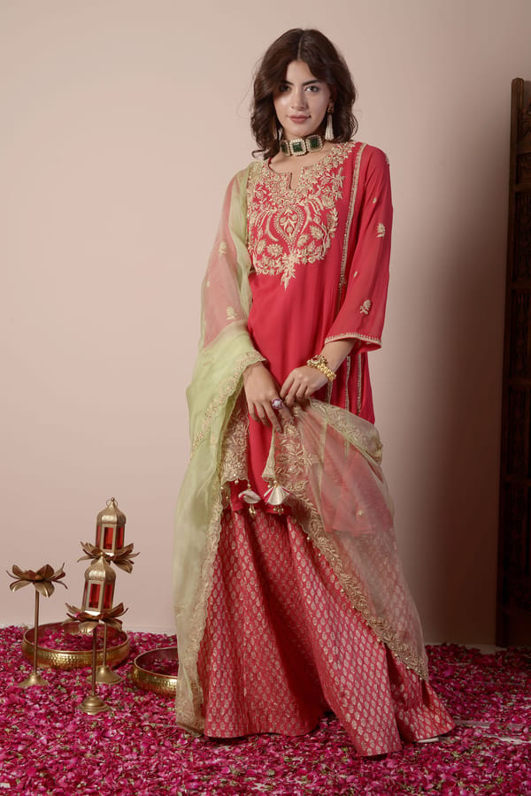 Cherry Red Embroidered Kurta Sharara Set — SURABHI ARYA