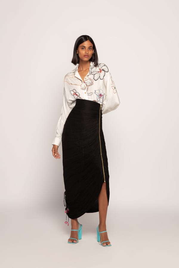 Black Micro-Pleated Maxi Skirt with Front Zip Detail — Saaksha and Kinni