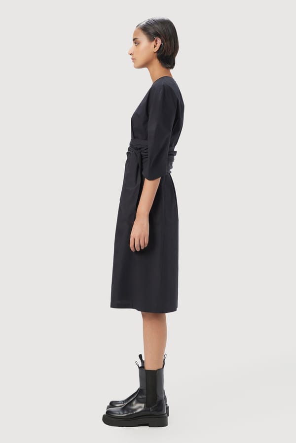 Black Midi Dress with Sculpted Sleeves and Waist Sash — Genes Lecoanet Hemant