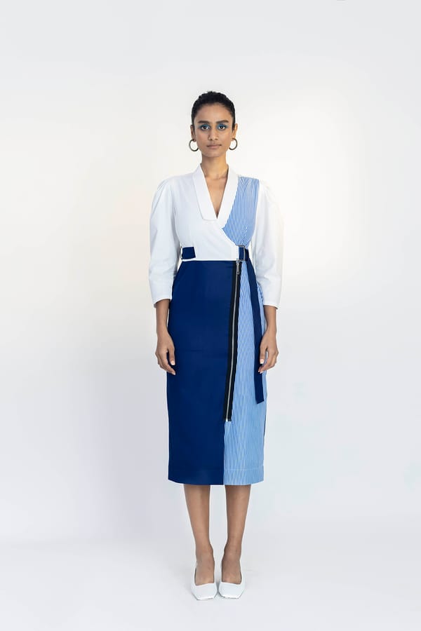 Blue and White Colorblock Wrap Midi Dress with Zip Detail — NOTEBOOK