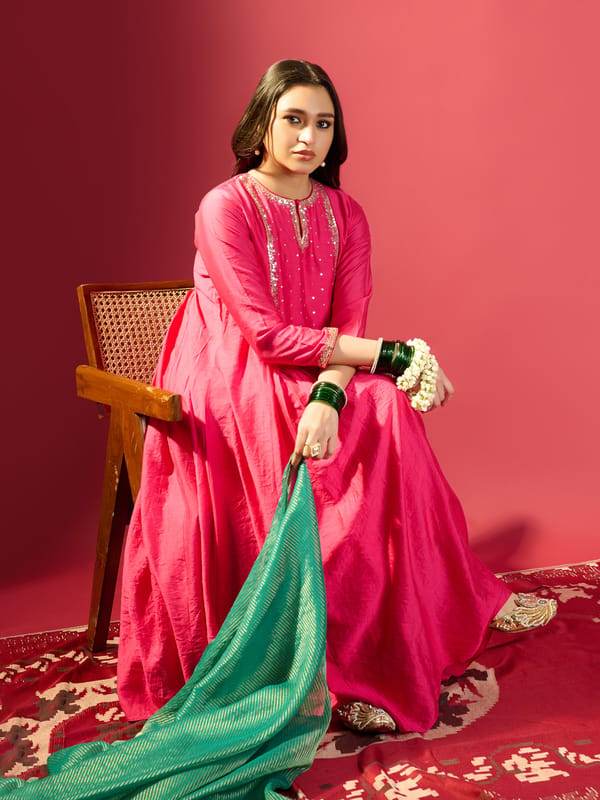 Hot Pink U Yoke Gathered Kurta Set — KOMAL SHAH
