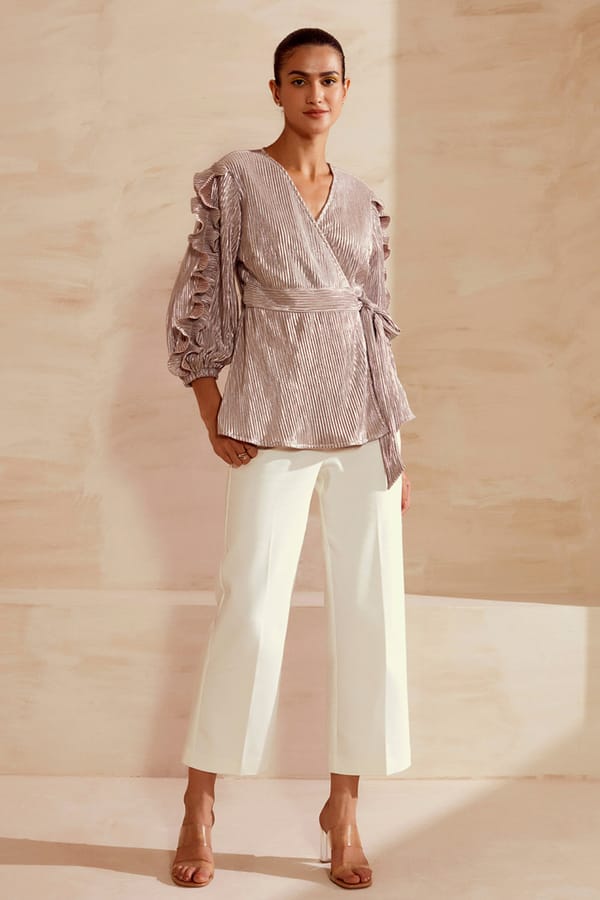 Champagne Satin Silk Pleated Wrap Blouse with Ruffle Sleeves — BOHO-CHIC