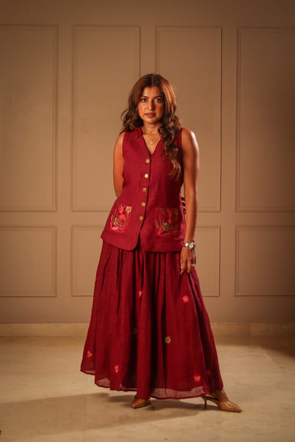 Wine Linen Button-Front Waistcoat with Embroidered Pockets — HEADSTRONG