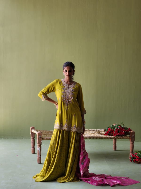 Mehendi Green Embroidered Short Kurta Sharara Set — Pooja Singhal
