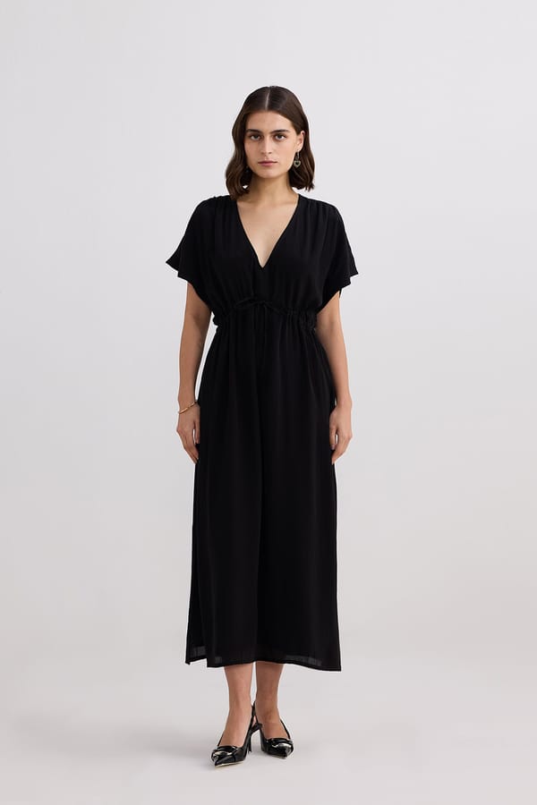 Oversized Gathered V-Neck Maxi Dress — REISTOR