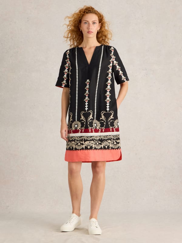 Black Printed Linen Shift Mini Dress — White Stuff
