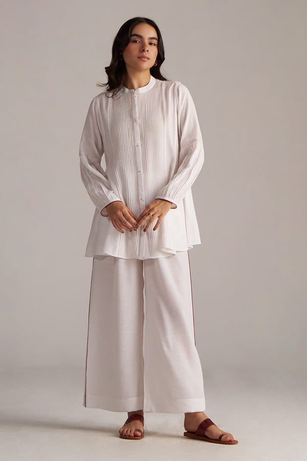 White Crushed Viscose Shirt and Wide-Leg Pants Co-ord Set — Ganga Fashions Pvt Ltd