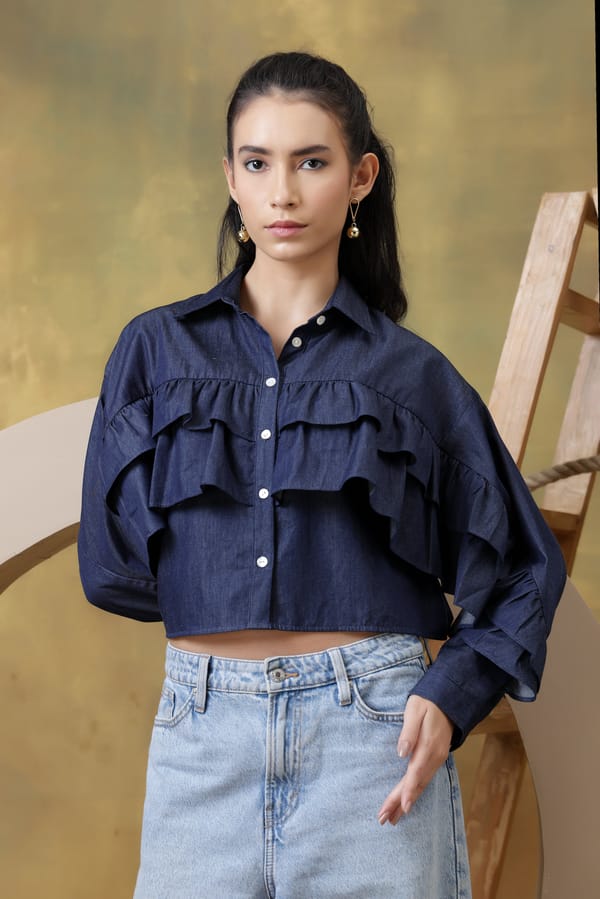 Dark Denim Cropped Ruffle Button-Down Shirt — Rhe-Ana