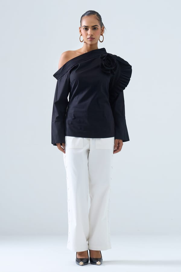 Black One-Shoulder Top with Sculpted Floral Detail — STITCH STORIES