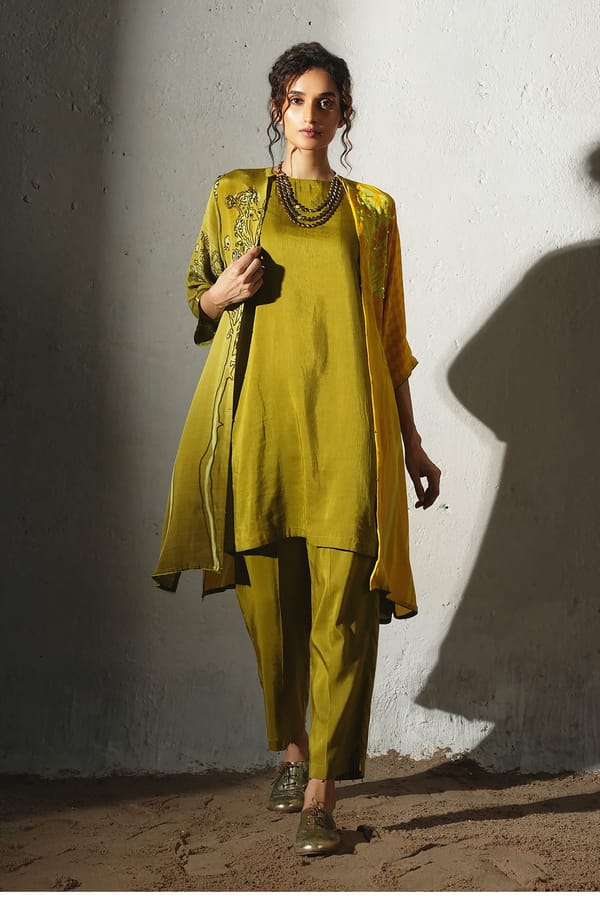 Yellow 3-Piece Jacket Kurta Set with Straight Pants — Basil Leaf