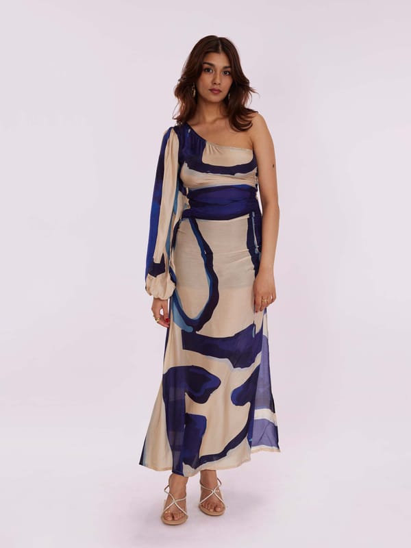 Blue Abstract One-Shoulder Maxi Dress with Balloon Sleeve — POPPI