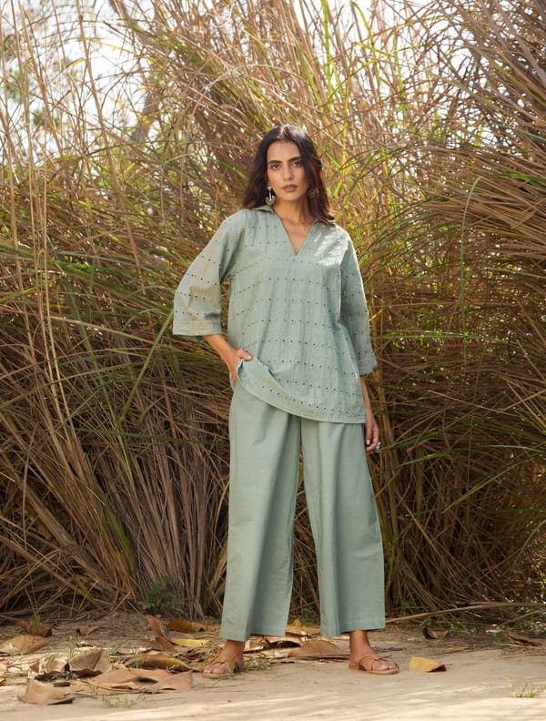 Light Blue Cotton Cutwork Co-ord Set with Wide-Leg Pants — Truebrowns