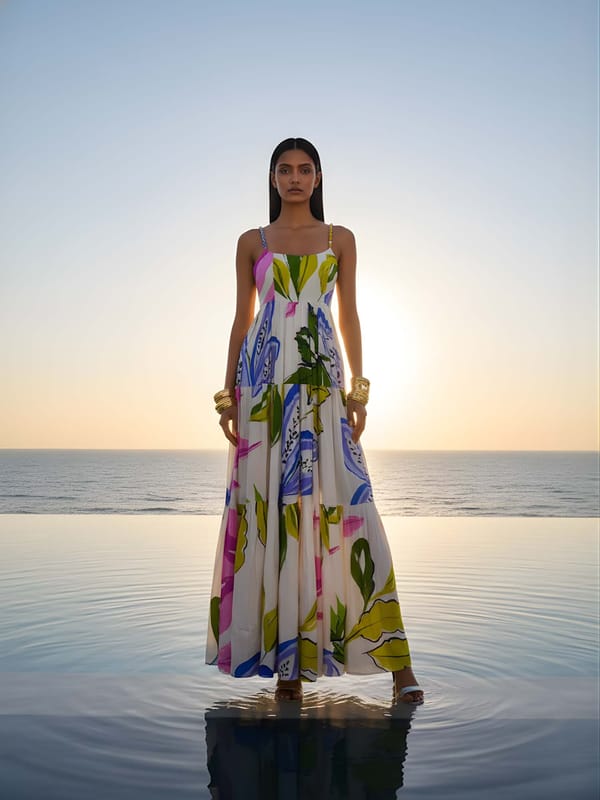 Multicolor Printed Tiered Maxi Dress in Bemberg Silk — POPPI
