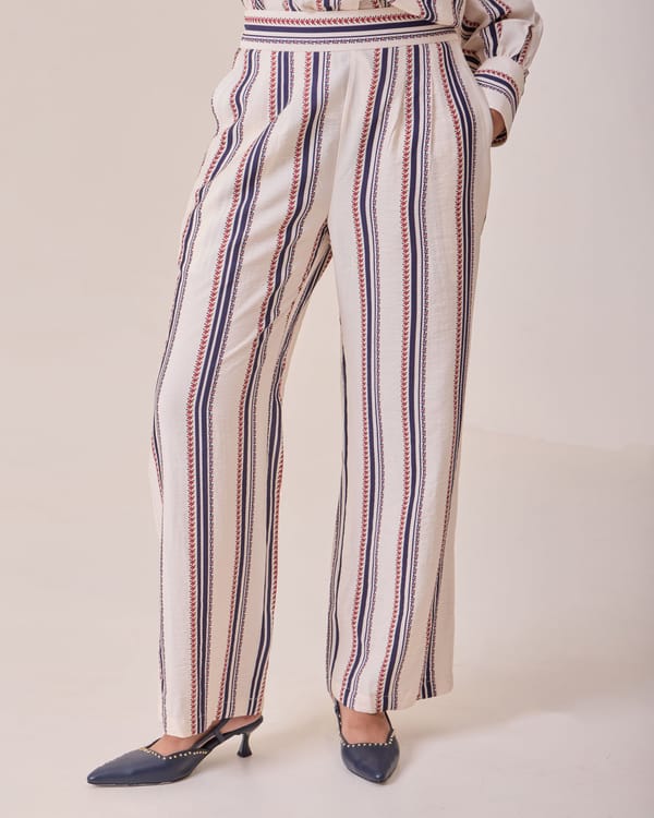 Cream Striped Wide-Leg Viscose Trousers — Needle Ten
