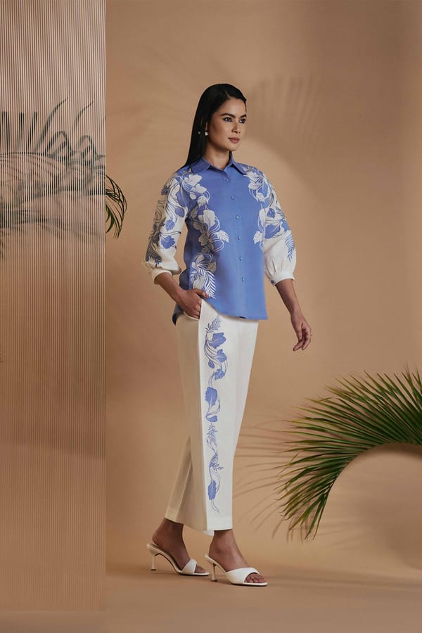 Blue and Ivory Applique Shirt and Pants Co-ord Set — Origani