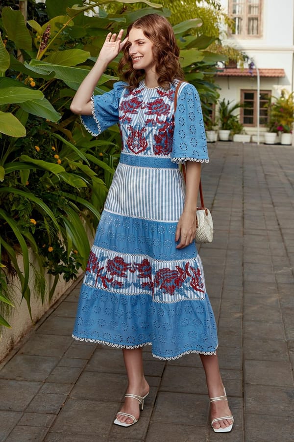 Blue Tiered Broderie Embroidered Cotton Midi Dress — BOHO-CHIC