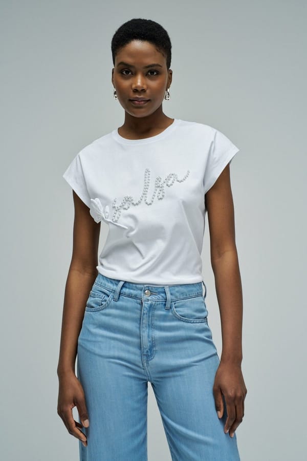 White Cotton T-Shirt with Pearl Branding and Flower Applique — SALSA JEANS