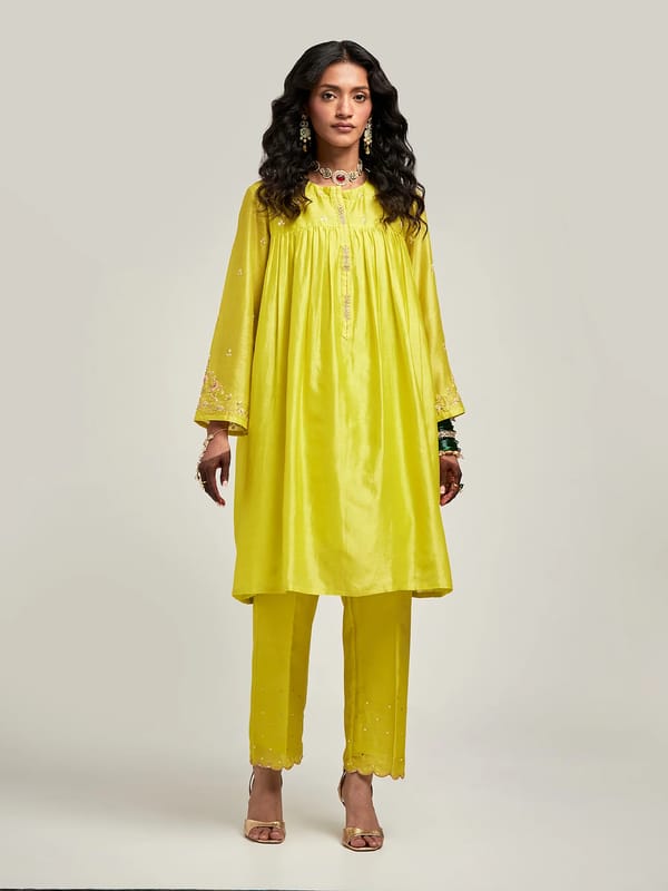 Lime Silk Chanderi Embroidered Yoke Kurta Set — Anantaa