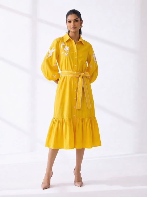 Sun Yellow Embroidered Belted Midi Shirt Dress — RUCHIKA MALLIKA LABEL