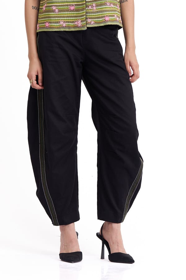 Black Cotton Linen Barrel-Leg Trousers with Contrast Stitch — Our Love