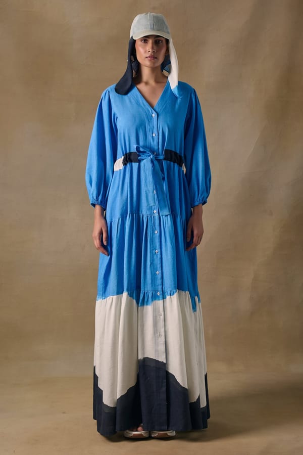Blue Wash Tiered Button-Down Linen Maxi Dress — Pocketful Of Cherrie