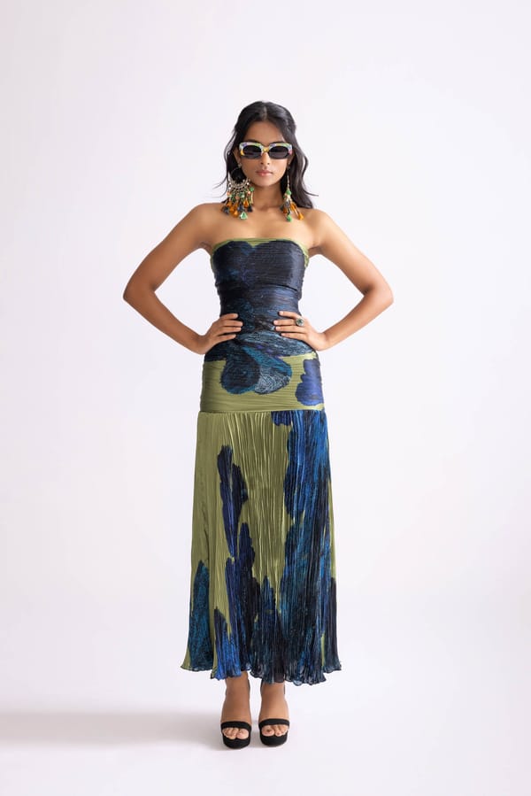 Green/Blue Strapless Printed Chiffon Maxi Gown — Saaksha and Kinni