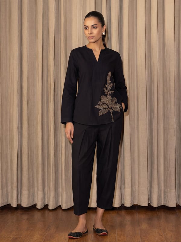Black Corduroy Embroidered Co-ord Set — Eko Clothing