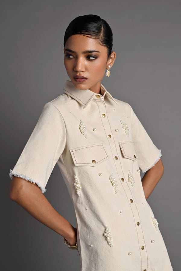 Ivory Denim Pearl-Embellished Shirt Dress — Veera Wear