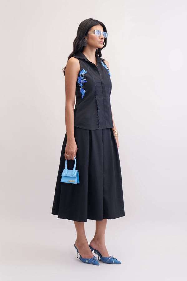Black Suiting Shirt and A-Line Midi Skirt Co-ord Set — Our Love