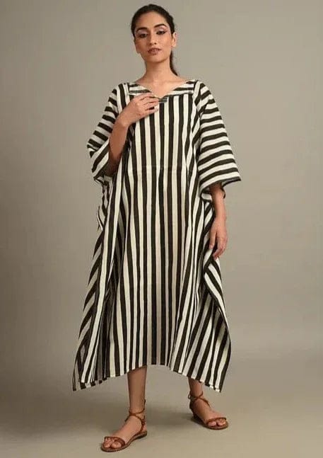 Black and White Striped Cotton Midi Kaftan — Banana Labs