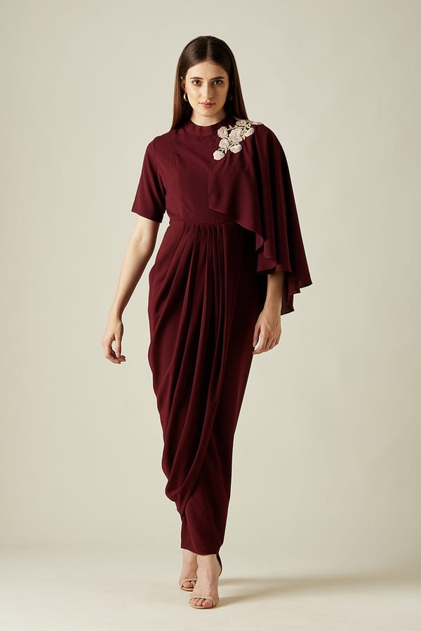 Wine Asymmetrical Drape Maxi Dress with Shoulder Embroidery — Aakaar