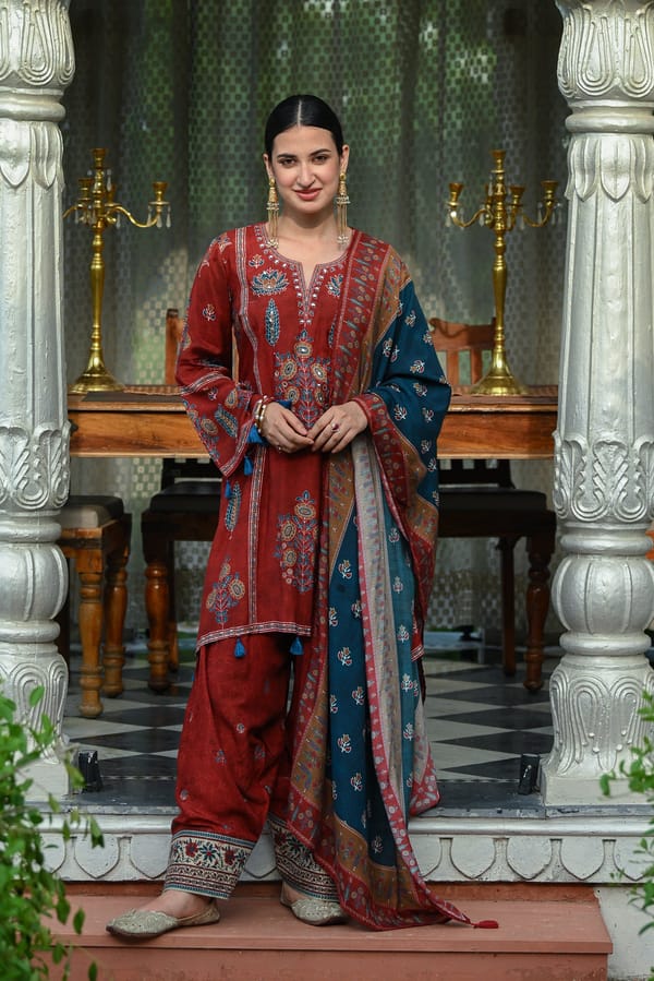 Red and Blue Mughal Block Print Muslin Farshi Salwar Set-SET OF-3 — MAHEE JAIPUR