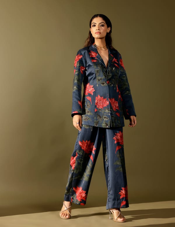 Neelam Blue Floral Blazer and Wide-Leg Trouser Co-ord Set — STUDIO SURBHI