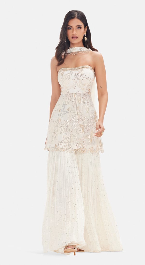 Ivory Georgette Off-Shoulder Peplum Sharara Set — Basanti Kapde aur Koffee