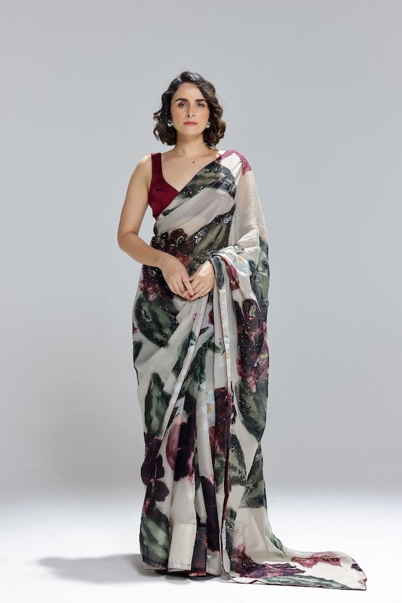 Beige Floral Printed Organza Saree with Sequin Work — STUDIO SURBHI