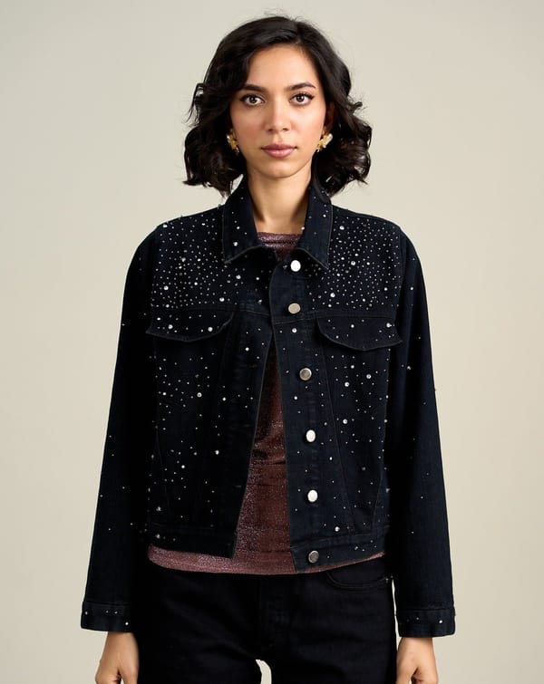 Black Sequin-Embellished Denim Trucker Jacket — Style Island
