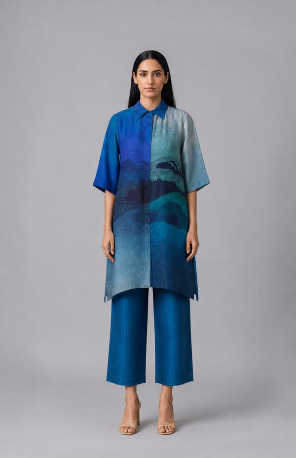 Blue Abstract Printed Tunic and Wide-Leg Pants Co-ord Set — CLOS